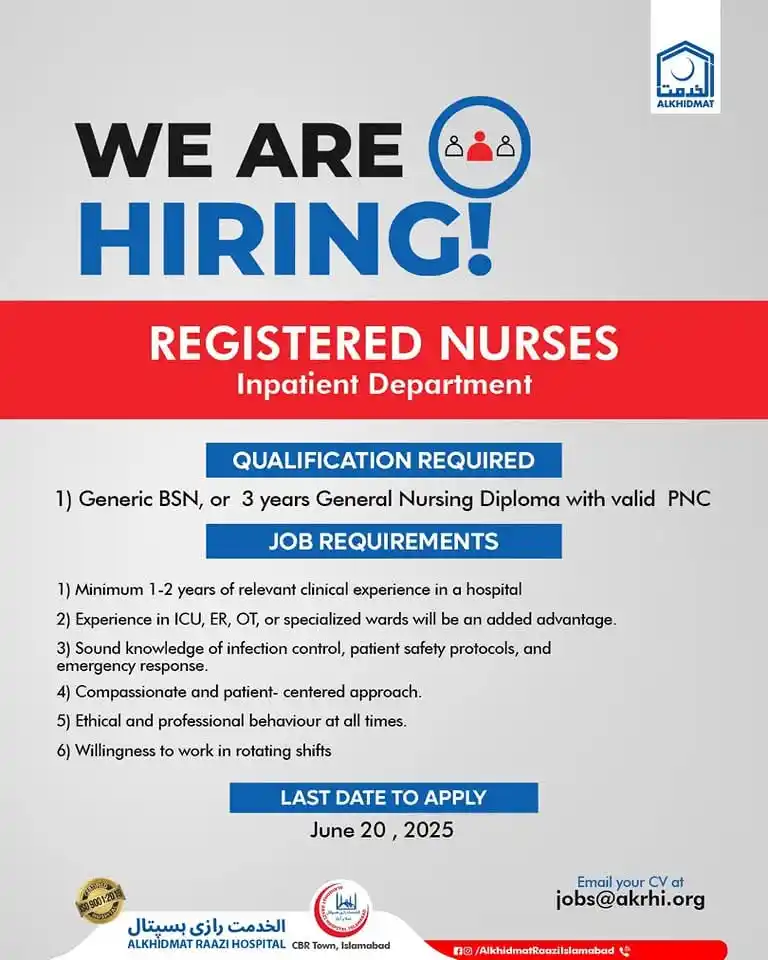 Image from NURSING INFO (MEDDEMY): *HIRING! REGISTERED NURSES*   *`ALKHIDMAT RAAZI HOSPITAL` (AKRH)*   *Q...
