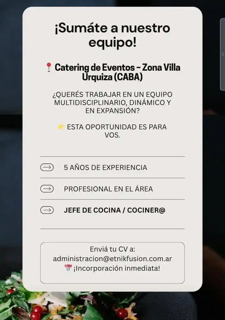 Image from 🌈✨️ Empleo360 💖: 👩🏻💼✨ *Jefe de cocina/ cocinero/a* 📍 *Villa Urquiza, CABA* 📧 ad...