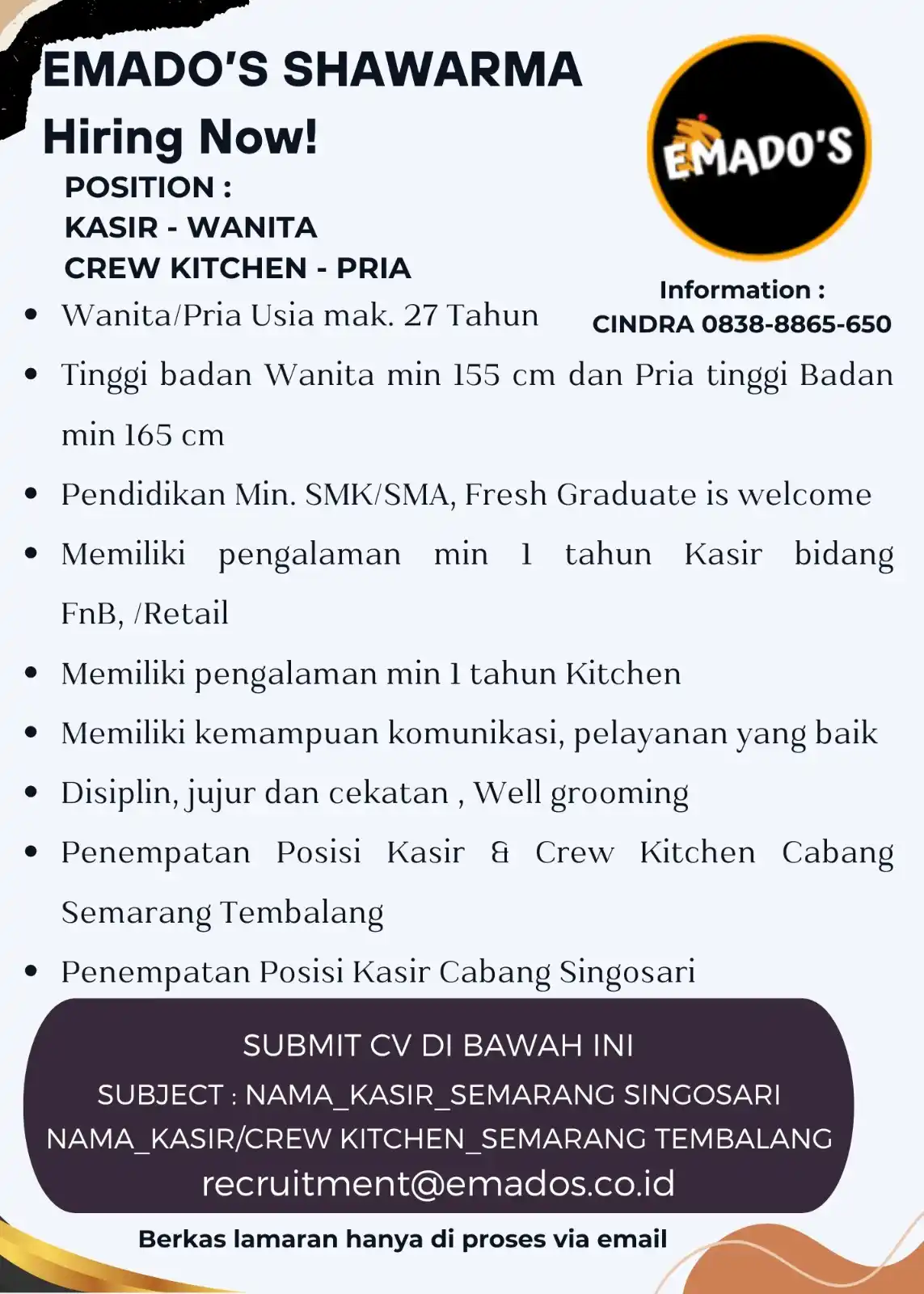 Image from INFO LOKER SEMARANG: *LOKER SEMARANG* Kasir & Crew Kitchen Emados Shawarma  Kualifikasi : -...