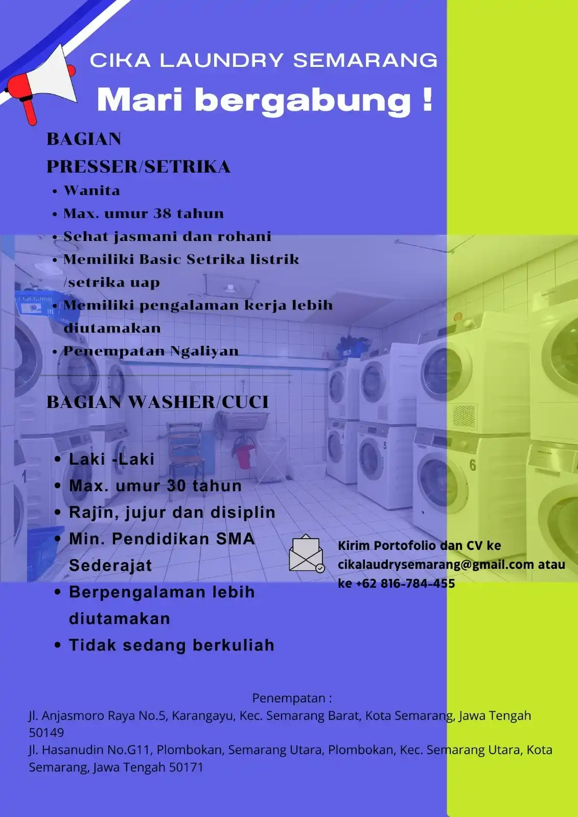 Image from INFO LOKER SEMARANG: *LOKER SEMARANG* Presser/Setrika & Washer/Cuci Cika Laundry  Presser/S...