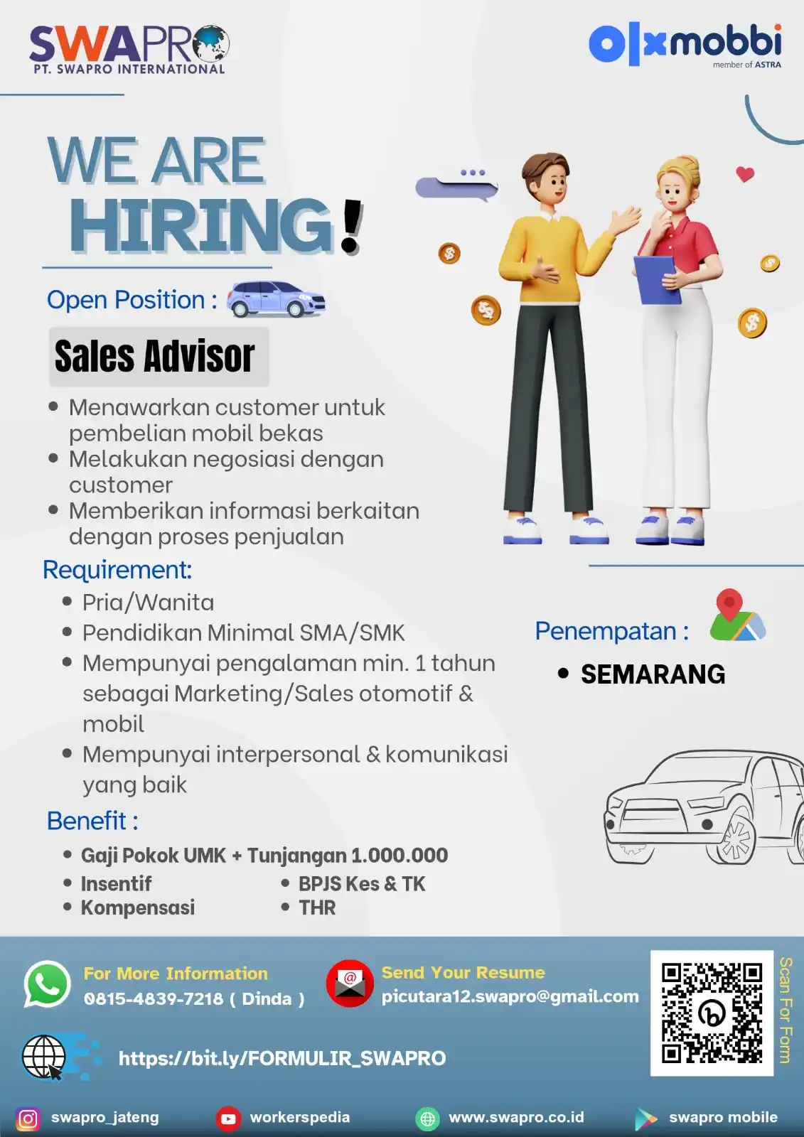 Image from INFO LOKER SEMARANG: *LOKER SEMARANG* Sales Advisor OLX Mobbi Kualifikasi : - Pria/Wanita ...