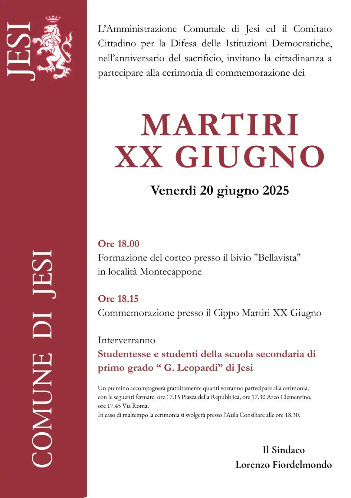Image from Comune di Jesi: *MARTIRI 20 GIUGNO*  Venerdì 20 giugno, ore 18.00 bivio "Bellavista" C...