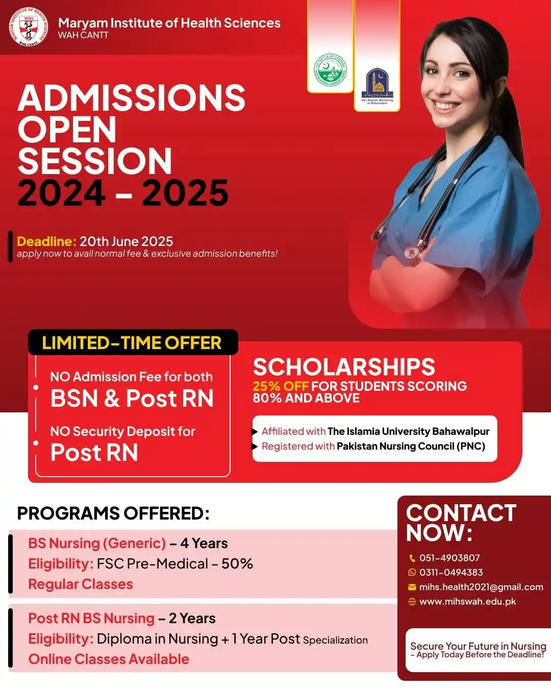 Image from NURSING INFO (MEDDEMY): *Maryam Institute of Health Sciences, Wah Cantt* *Admissions Open 20...