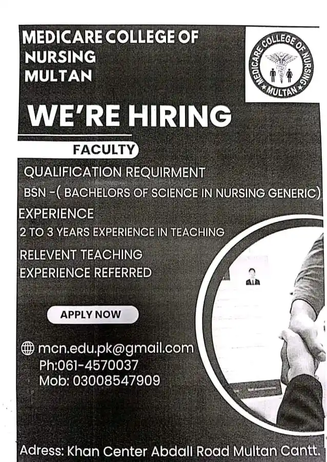 Image from NURSING INFO (MEDDEMY): *Medicare College of Nursing, Multan – Hiring!*   *Position:* Faculty ...