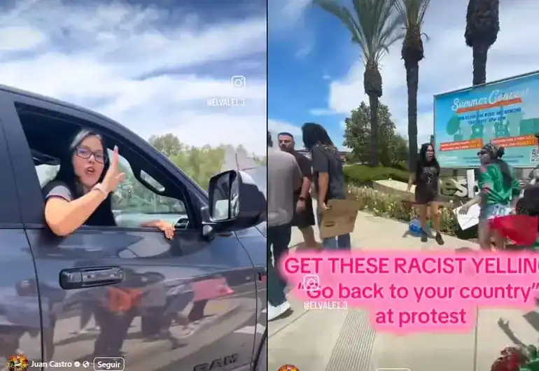 Image from PotosíNoticias: Mexicana insulta a migrantes latinos durante protesta en EU y desata i...