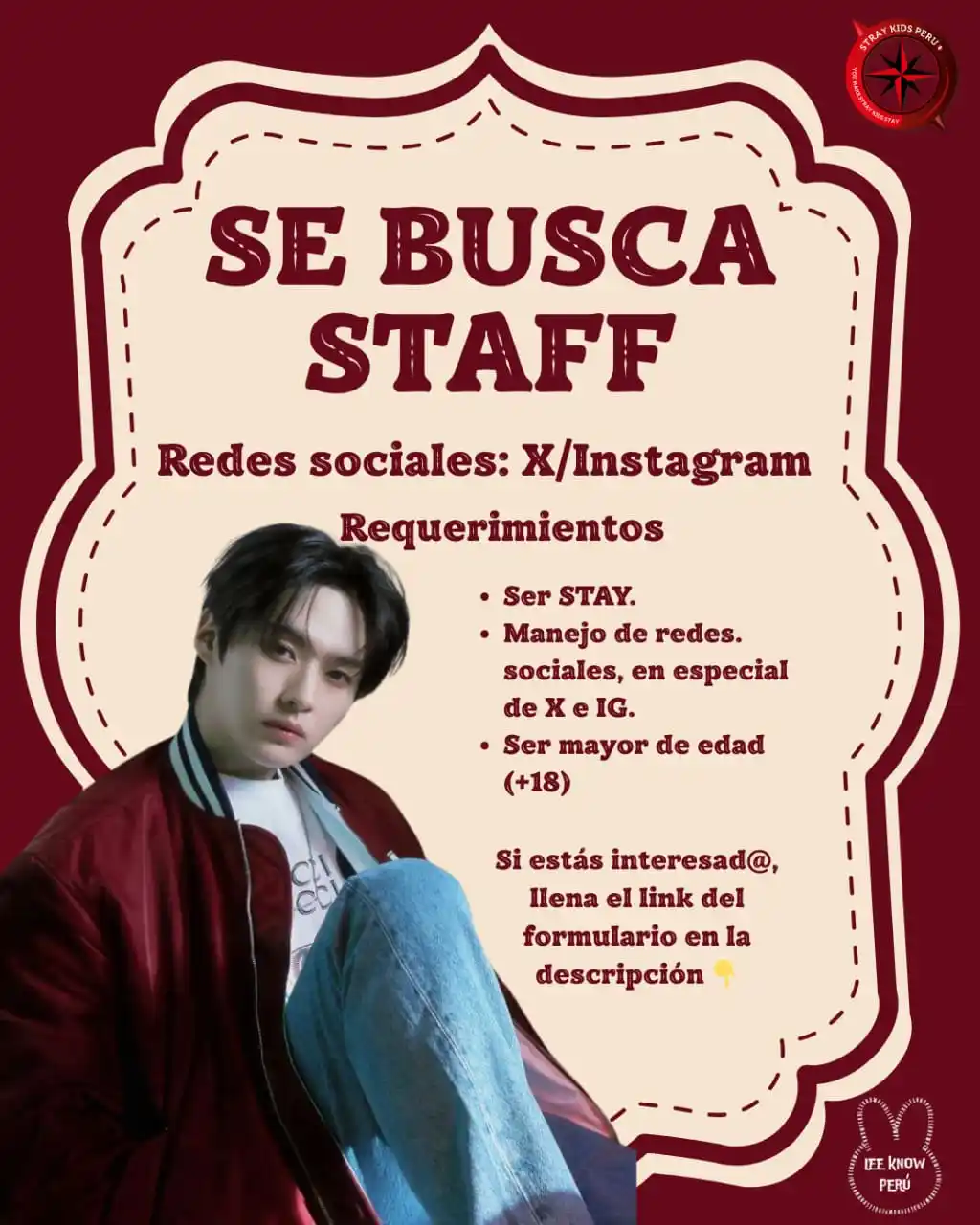 Image from STRAY KIDS PERÚ  🇵🇪  INFO Y MÁS: [──🇵🇪Stray Kids Perú🇵🇪──]  【 🚨CONVOCATORIA DE STAFF: LEE KNOW PER...