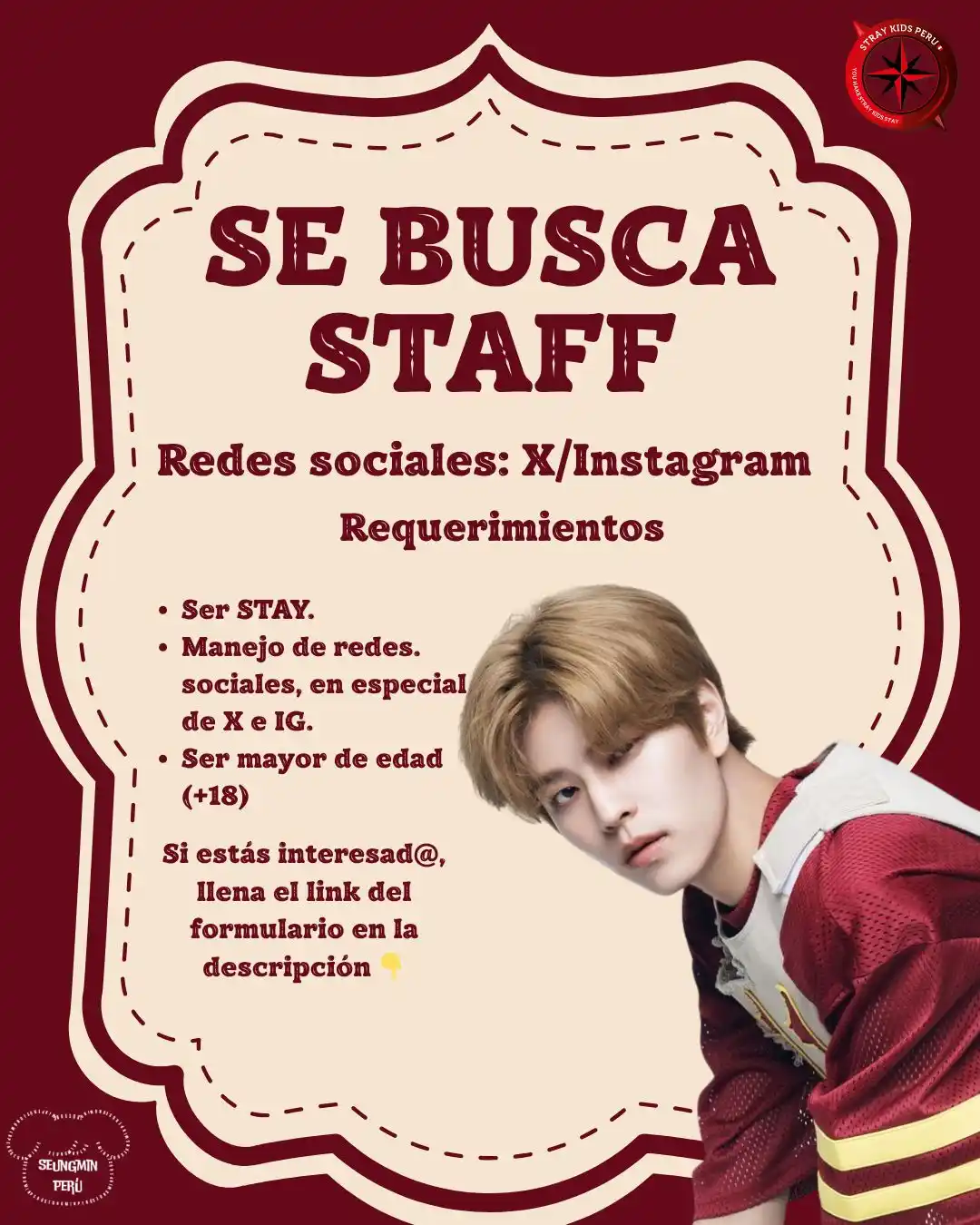 Image from STRAY KIDS PERÚ  🇵🇪  INFO Y MÁS: [──🇵🇪Stray Kids Perú🇵🇪──]  【 🚨CONVOCATORIA DE STAFF: SEUNGMIN PER...