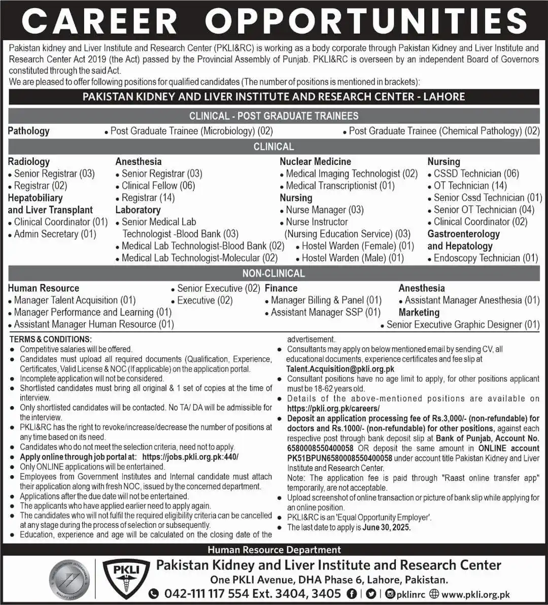 Image from NURSING INFO (MEDDEMY): *`PKLI&RC Jobs`* 1. *Clinical - Post Graduate Trainees* - Patholog...