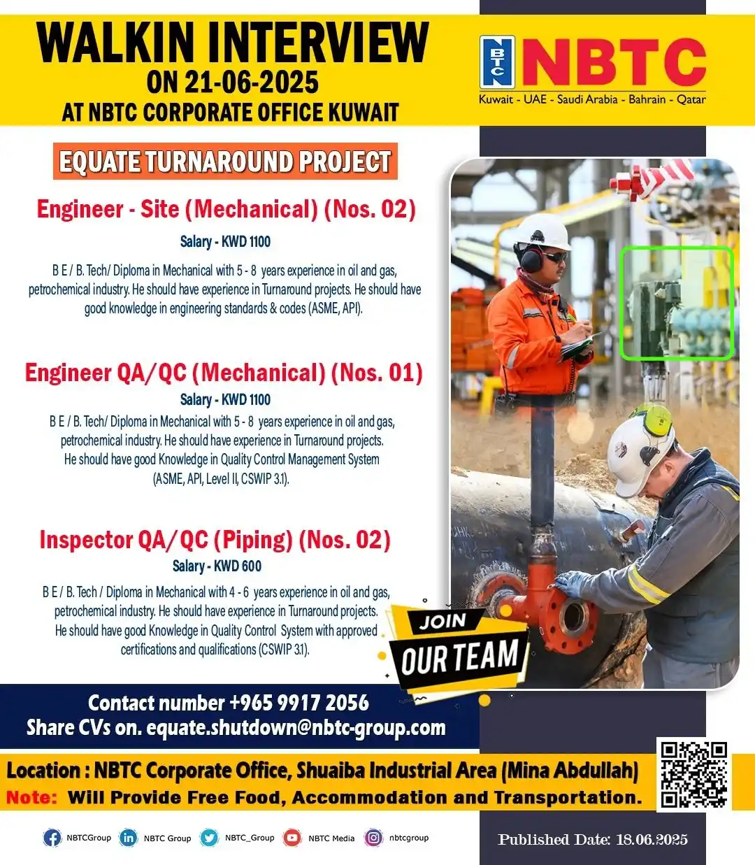 Image from Vacancies In Gulf👔: _Posting Date: 19.06.2025_  *NBTC Kuwait is calling skilled and passio...