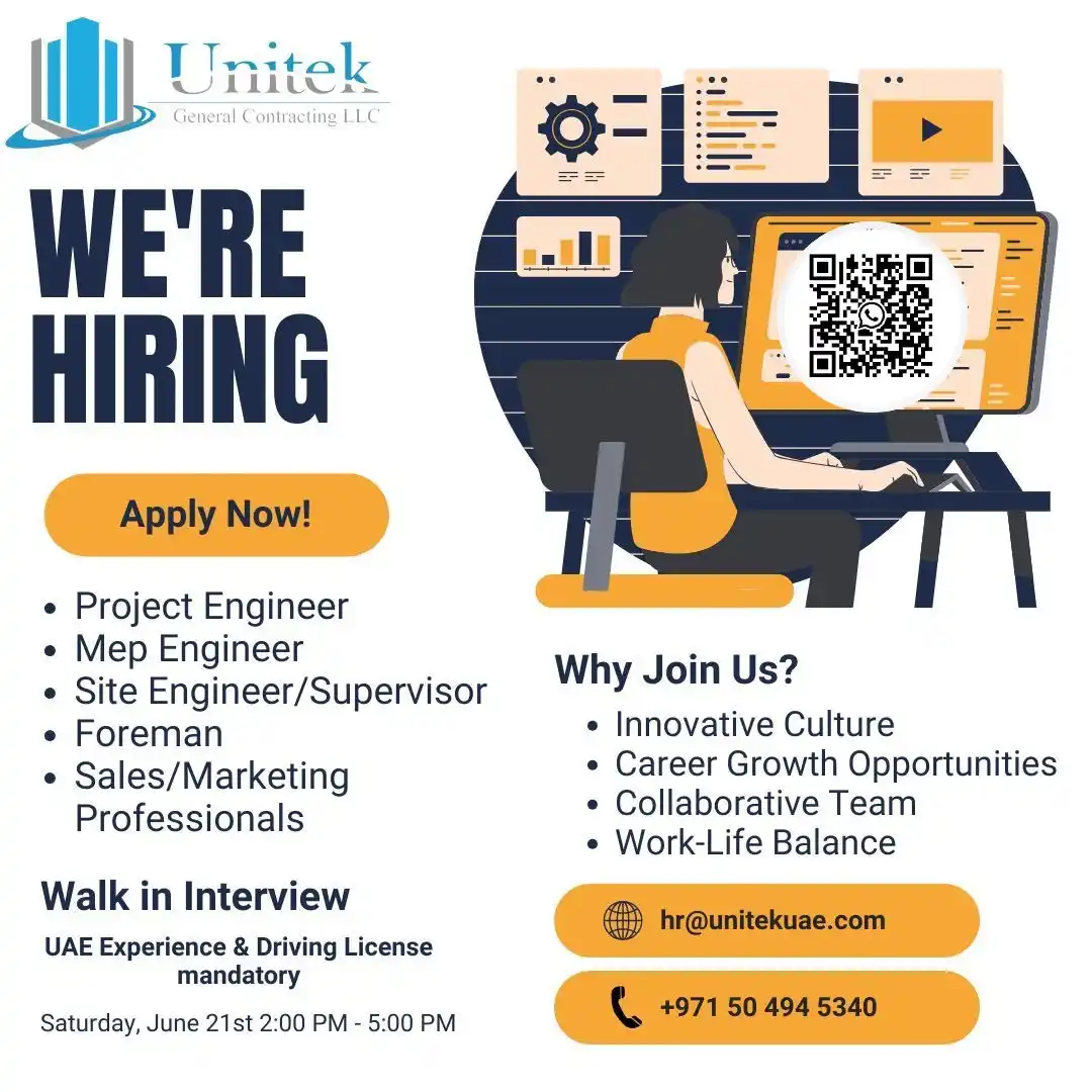Image from Vacancies In Gulf👔: _Posting Date: 20.06.2025_ *🚨 WALK-IN INTERVIEW ALERT 🚨* Unitek Ge...