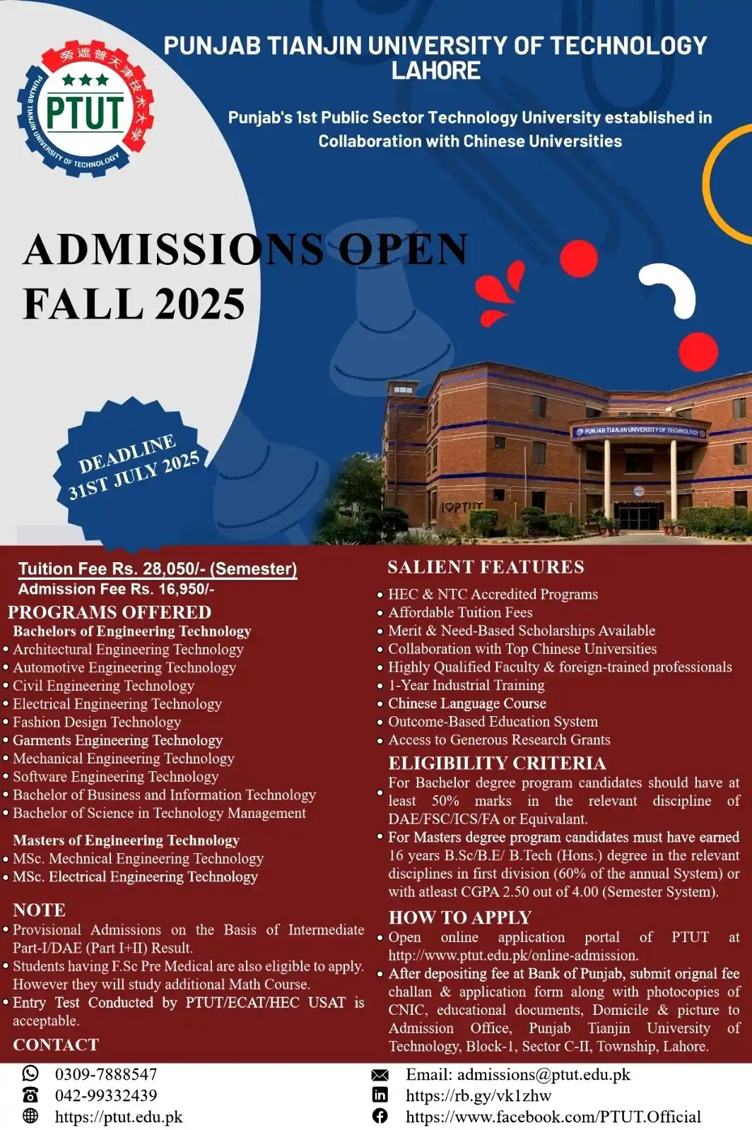 Image from NURSING INFO (MEDDEMY): *🌀 Punjab Tianjin University of Technology (PTUT), Lahore* Admissions...