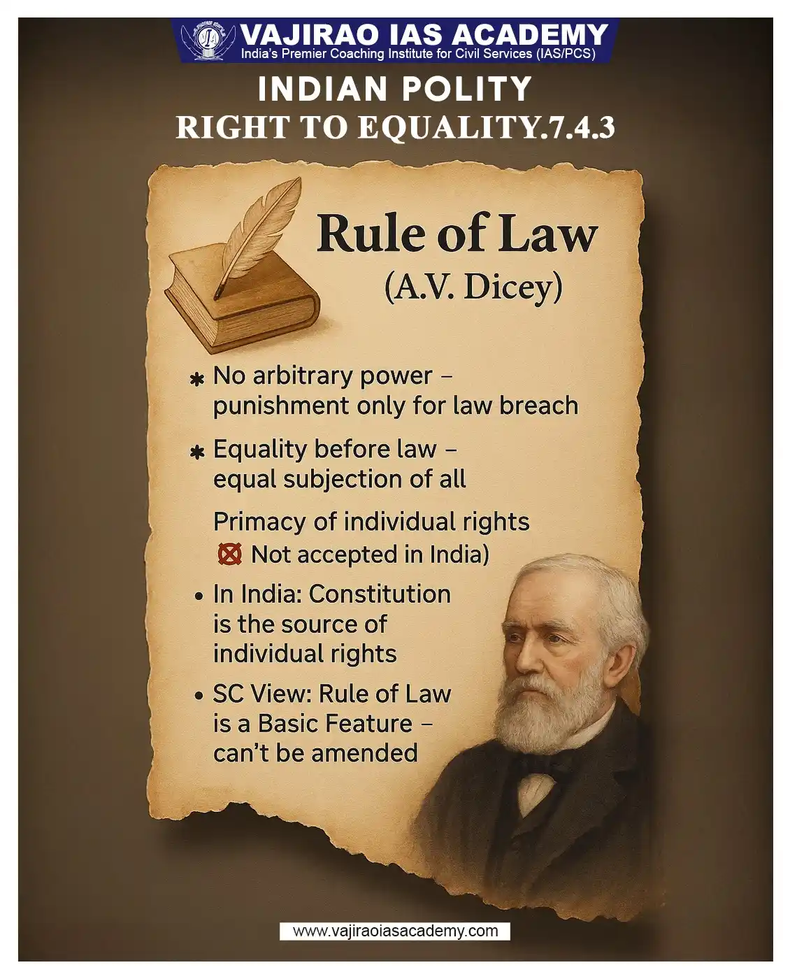 Image from UPSC Current Affairs Updates, Daily Quiz, IAS/UPSC Editorials: 📜 Rule of Law – A.V. Dicey’s Principle No arbitrary power, equality b...