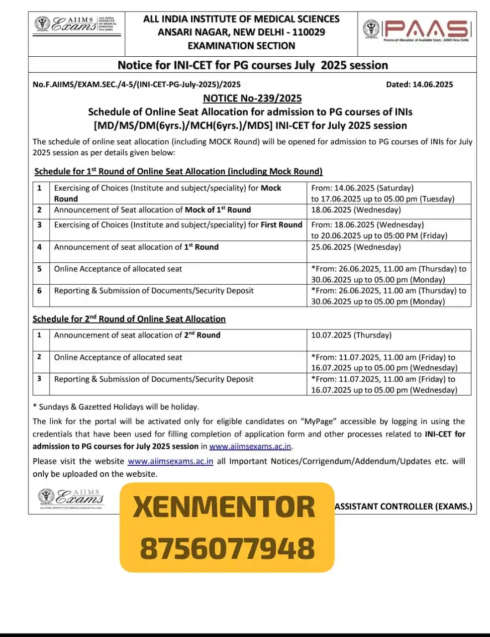 Image from NEET PG COUNSELING 2024 (XEN MENTOR): SCHEDULE FOR ROUND-1 & ROUND-2 ONLINE SEAT ALLOCATION OF INICET (July)...