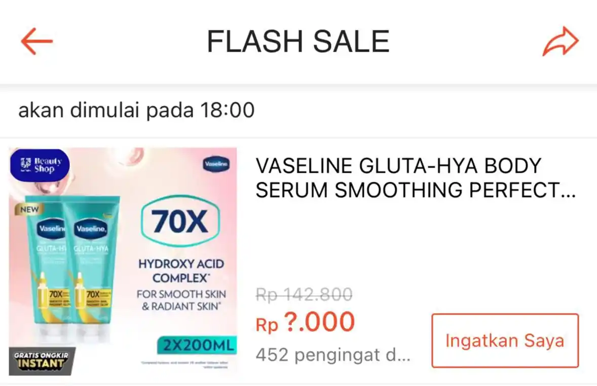 Image from PROMO BELANJA ONLINE: Serba Rp1.000 ⚡️ ⏰ 18:00 WIB VASELINE GLUTA-HYA BODY SERUM SMOOTHING ...