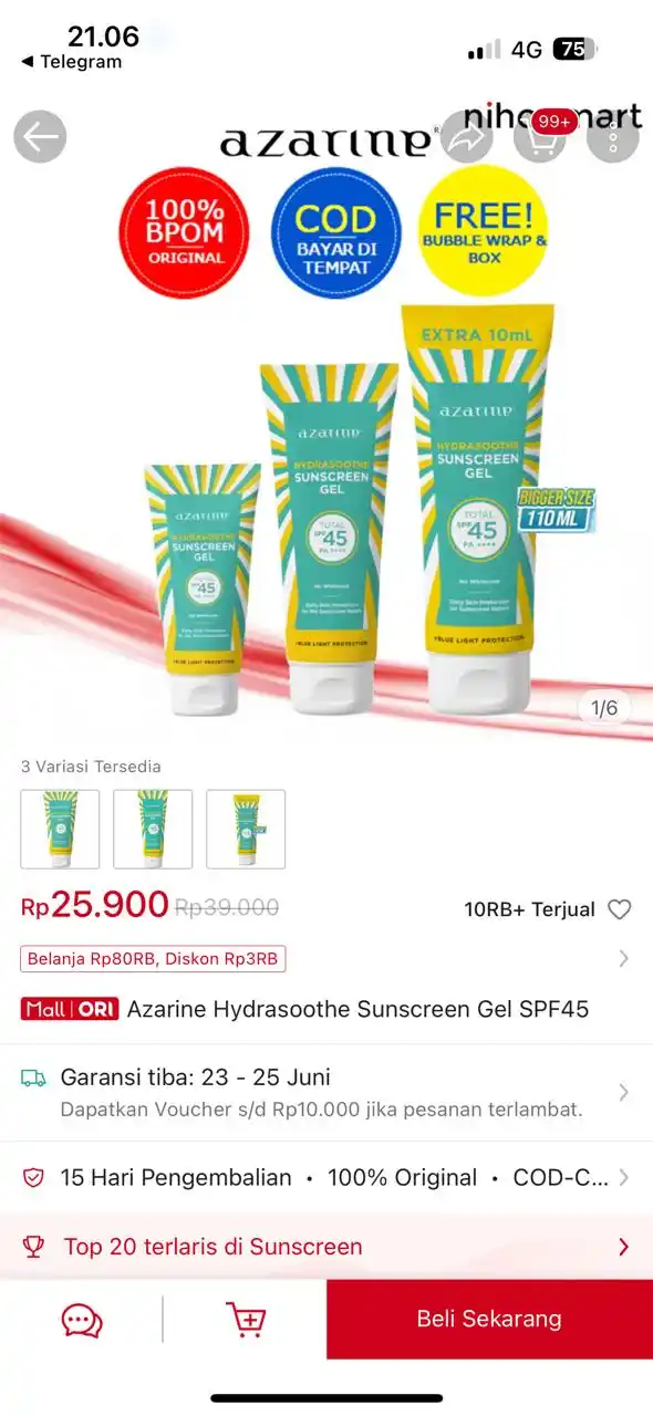 Image from PROMO BELANJA ONLINE: Temukan Azarine Hydrasoothe Sunscreen Gel SPF45 seharga Rp25.900. Dapa...