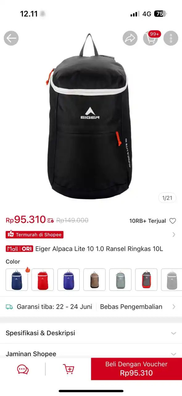 Image from PROMO BELANJA ONLINE: Temukan Eiger Alpaca Lite 10 1.0 Ransel Ringkas 10L seharga Rp95.310. ...