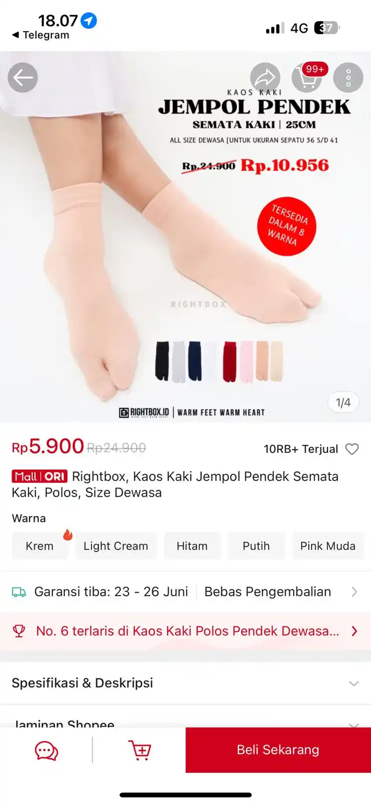 Image from PROMO BELANJA ONLINE: Temukan Rightbox, Kaos Kaki Jempol Pendek Semata Kaki, Polos, Size Dew...