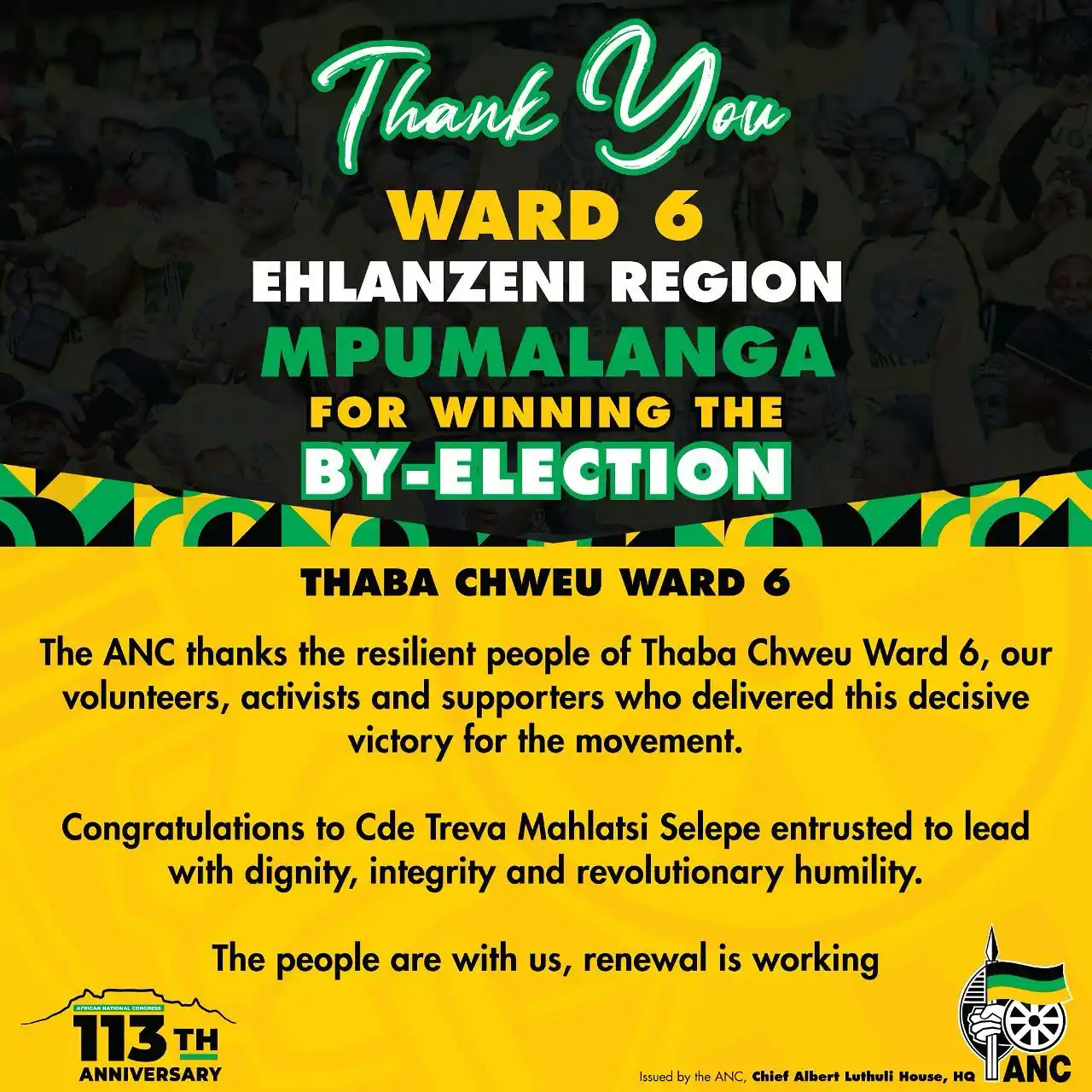 Image from African National Congress: The ANC celebrates a resounding win in Ward 6, Thaba Chweu (Ehlanzeni ...