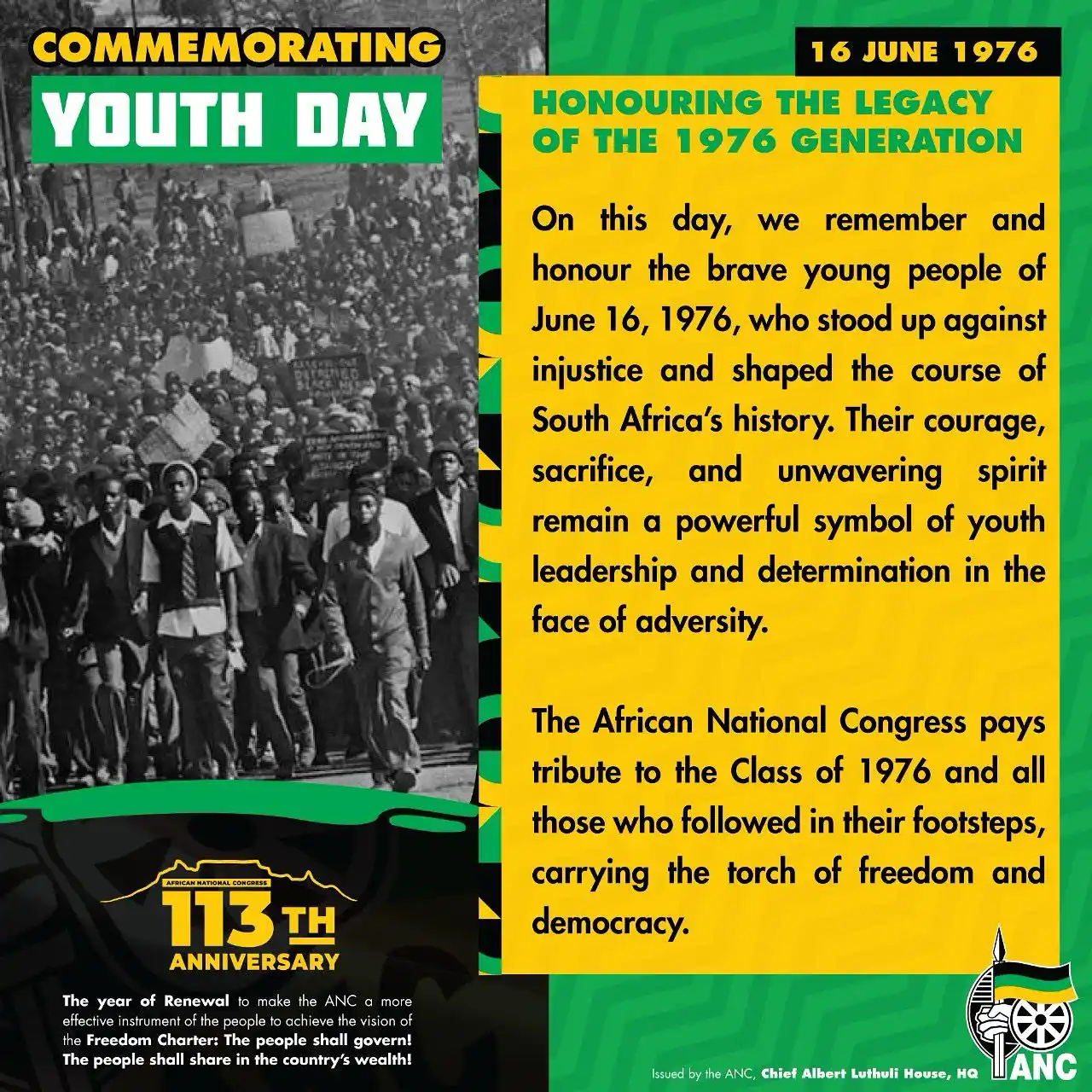Image from African National Congress: Today, we honour the fearless youth of 1976 whose defiance against inj...