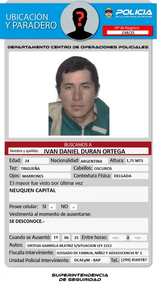 Image from POLICÍA DEL NEUQUÉN OFICIAL ✅: 🔵𝐔𝐁𝐈𝐂𝐀𝐂𝐈𝐎́𝐍 𝐘 𝐏𝐀𝐑𝐀𝐃𝐄𝐑𝐎🔵 Nombre y apellido: IVAN DA...