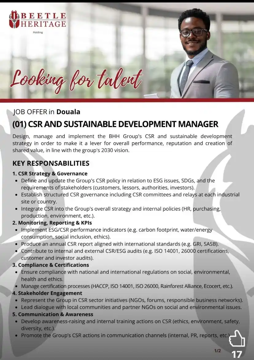 Image from Arch Africa Careers (#AAC): WE ARE HIRING ❗❗❗  We are looking for  (𝟬𝟭) CSR AND SUSTAINABLE DEVE...