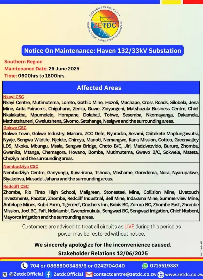Image from Kwekwe News Bulletin📰: *ZETDC SYSTEM MAINTENANCE*  Redcliff Residents you'll be affected   Ma...