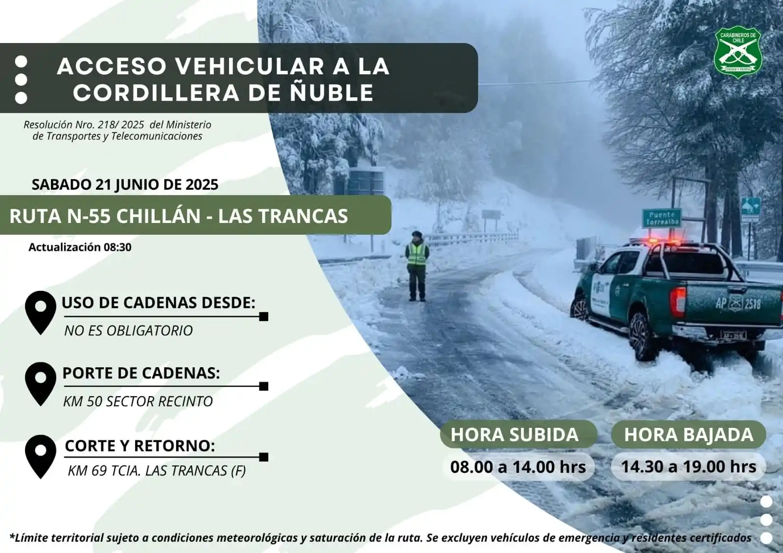 Image from Chillan OnLine: Carabineros de Tenencia Las Trancas (F) informa que la ruta N-55 se en...