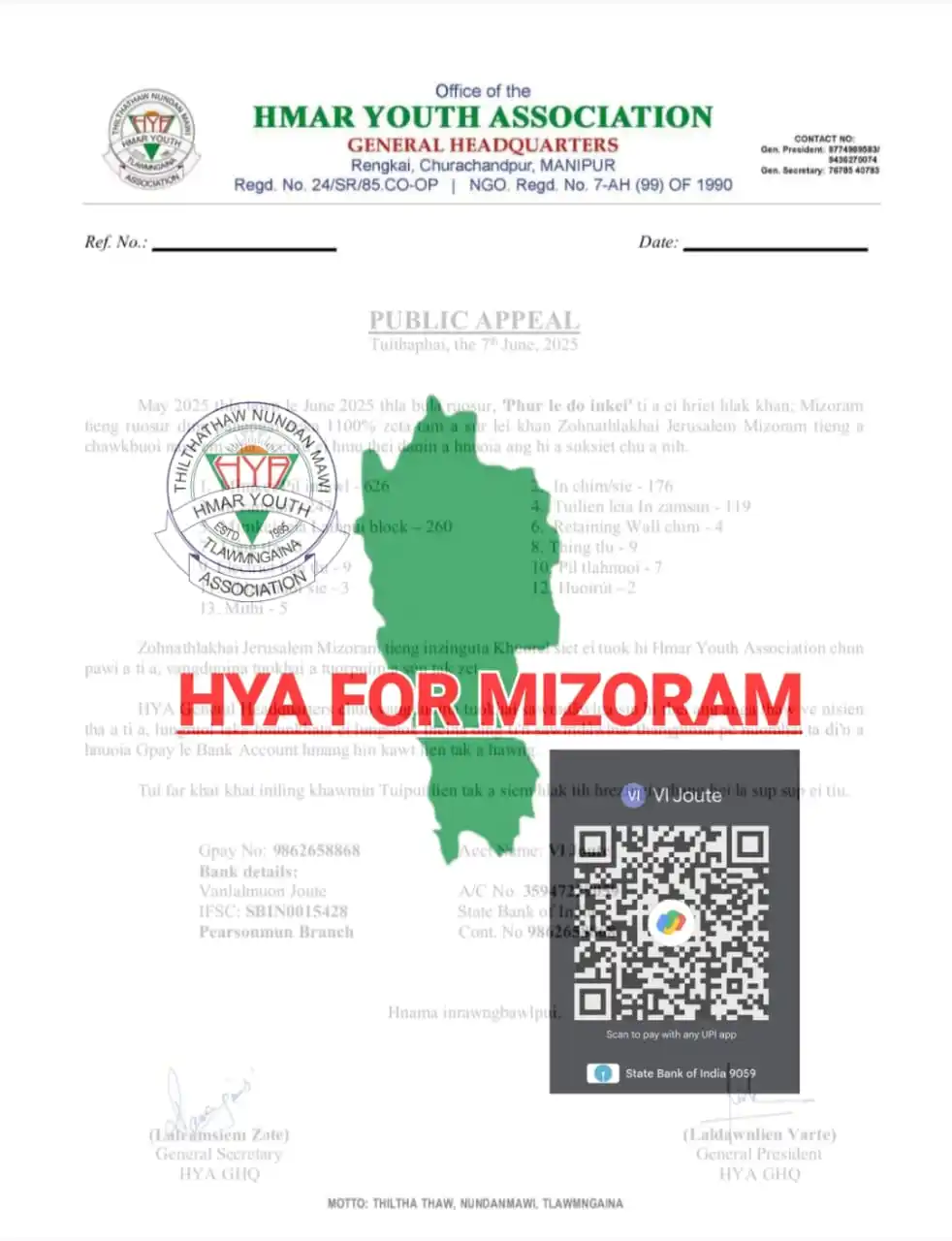 Image from TUIṬHAPHAI Chanchinthar: Donation Update: 20th June 2025, 6:30PM *HYA FOR MIZORAM* HYA-GHQ in...