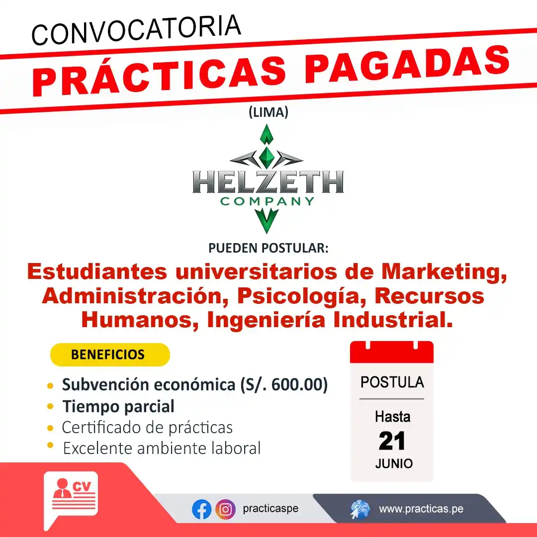Image from Convocatorias Ing. Industrial: Empleos - Prácticas - Capacitaciones: 🎯 HELZETH COMPANY  busca nuevos talentos para realizar Prácticas Prep...