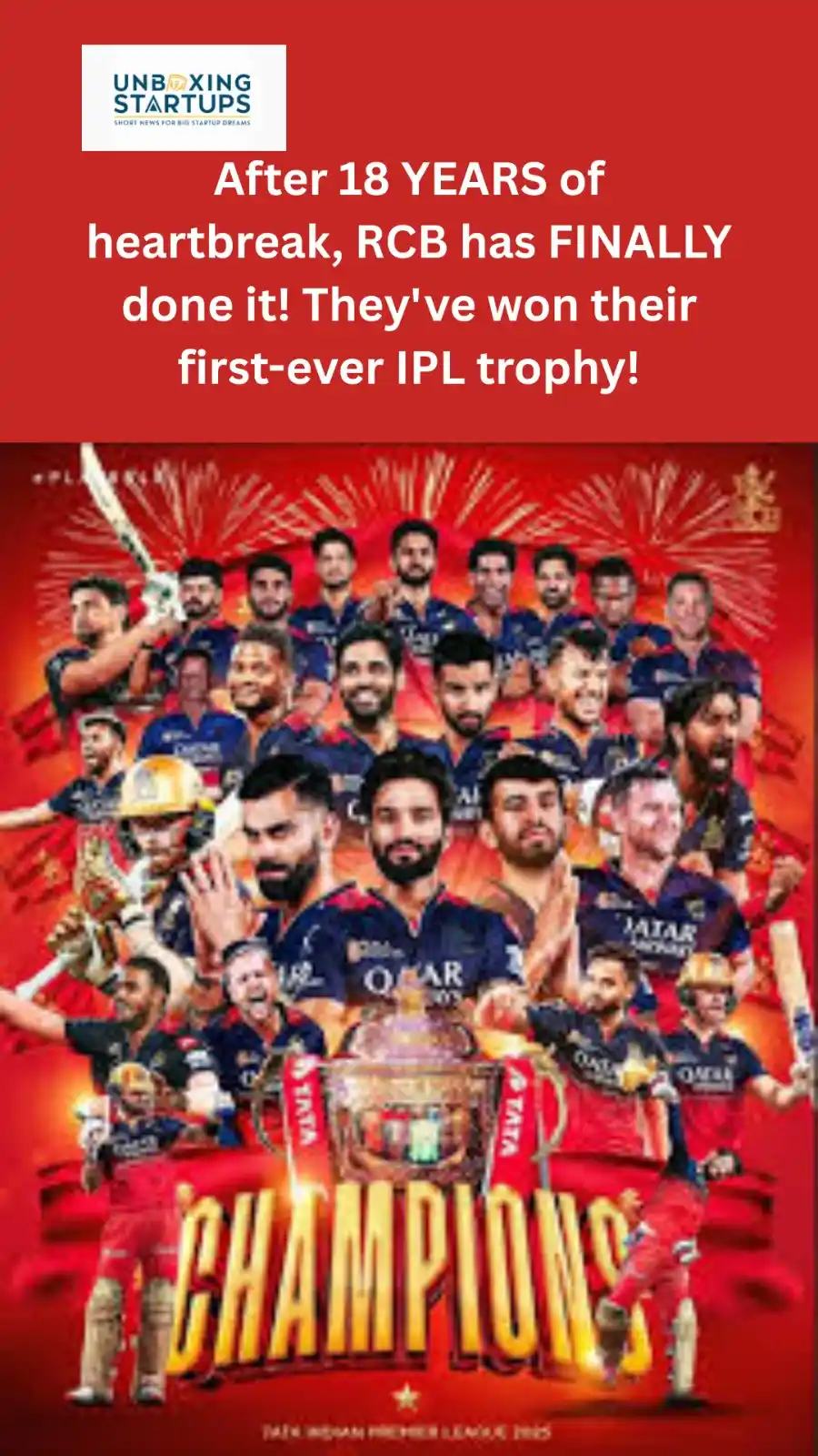 Image from Unboxing Startups: HISTORY MADE! RCB Wins First IPL Trophy After 18 Years! 🤯 'Ee Sala C...