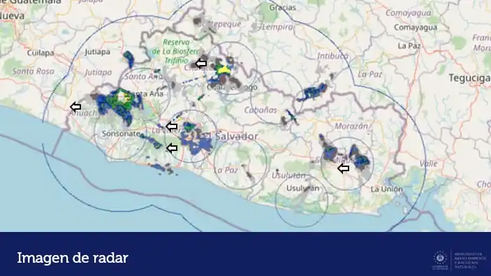 Image from Ministerio de Medio Ambiente El Salvador: Imagen de radar muestra disminución en la intensidad de la lluvia sobr...
