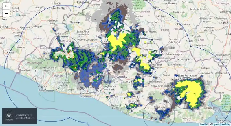 Image from Ministerio de Medio Ambiente El Salvador: Imagen de radar muestra lluvias de moderada a fuerte intensidad sobre ...