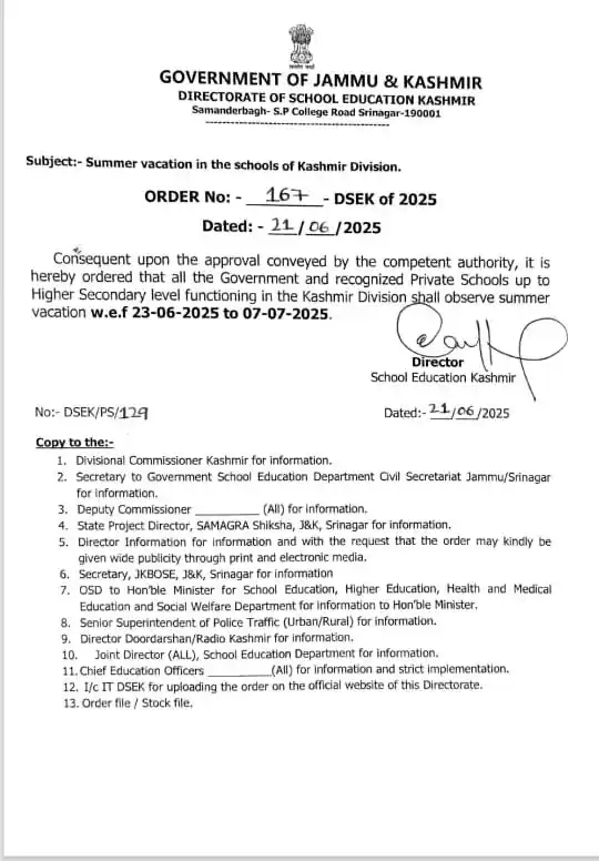 Image from JKBOSE: Kashmir based schools to observe summer vacations from 23rd June to 7t...