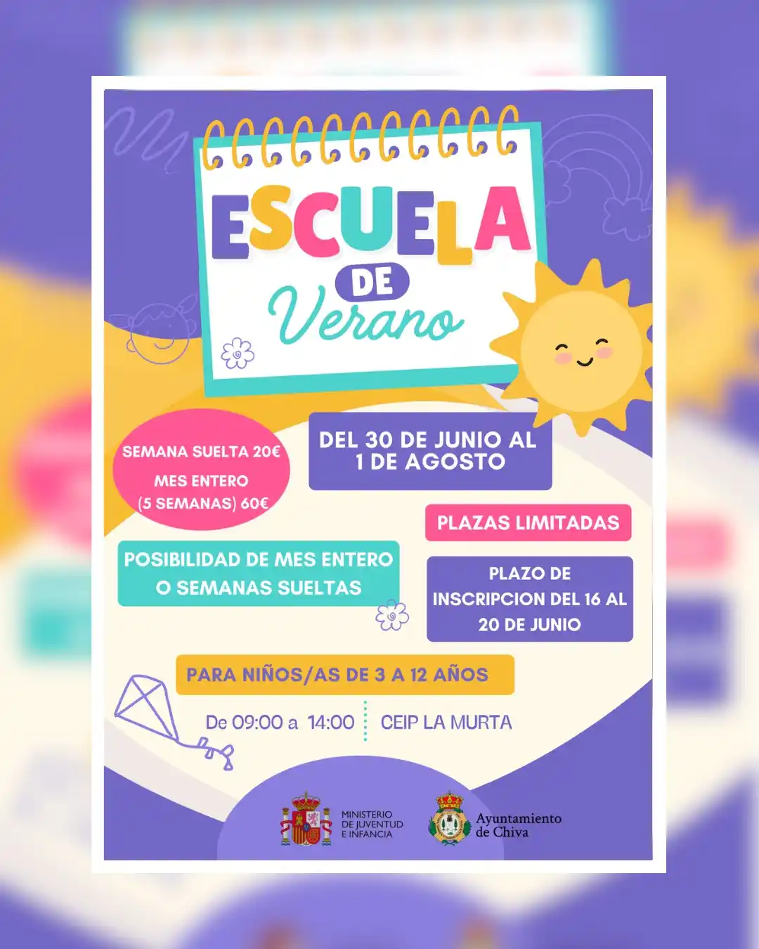 Image from Ayuntamiento de Chiva: 🌞 ¡La Escuela de Verano ya está aquí! Del 30 de junio al 1 de agosto,...