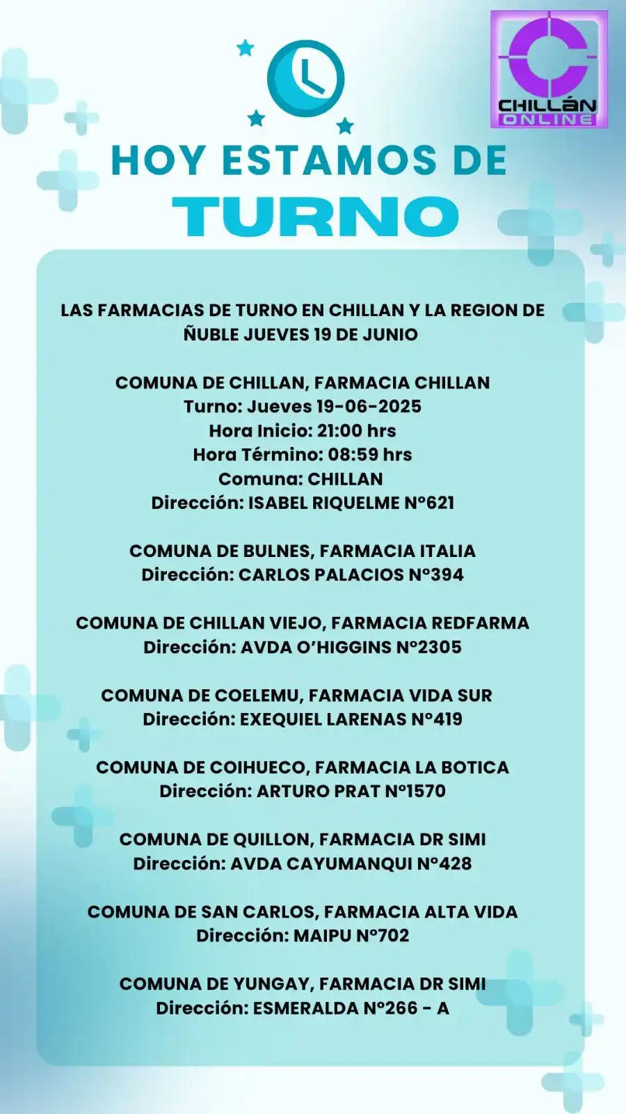 Image from Chillan OnLine: LAS FARMACIAS DE TURNO EN CHILLAN Y LA REGION DE ÑUBLE JUEVES 19 DE JU...