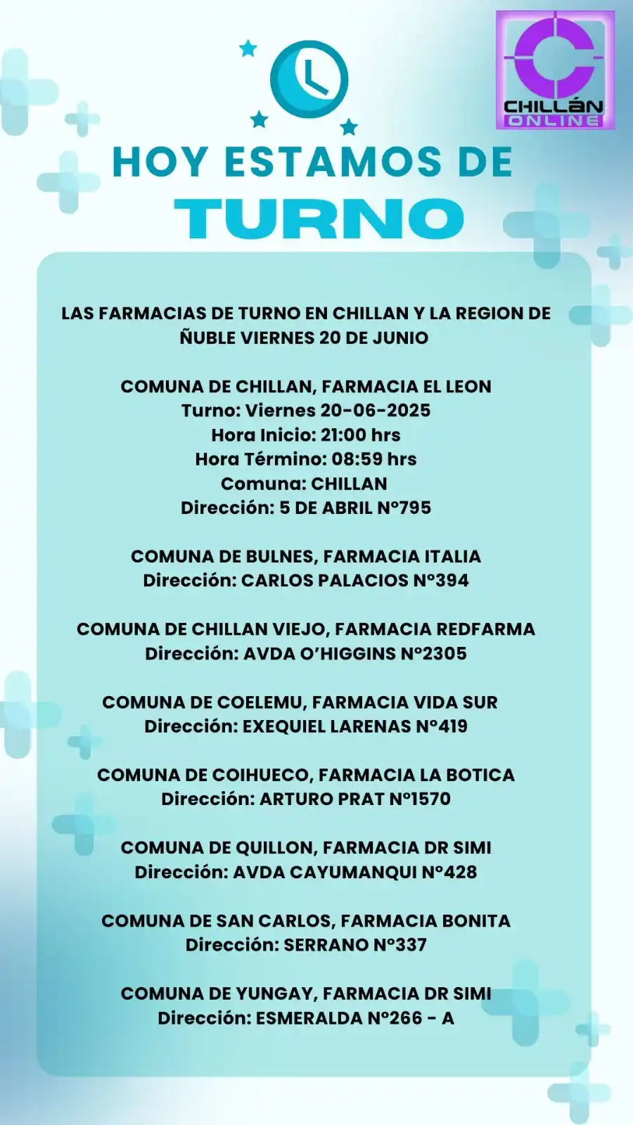 Image from Chillan OnLine: LAS FARMACIAS DE TURNO EN CHILLAN Y LA REGION DE ÑUBLE VIERNES 20 DE J...