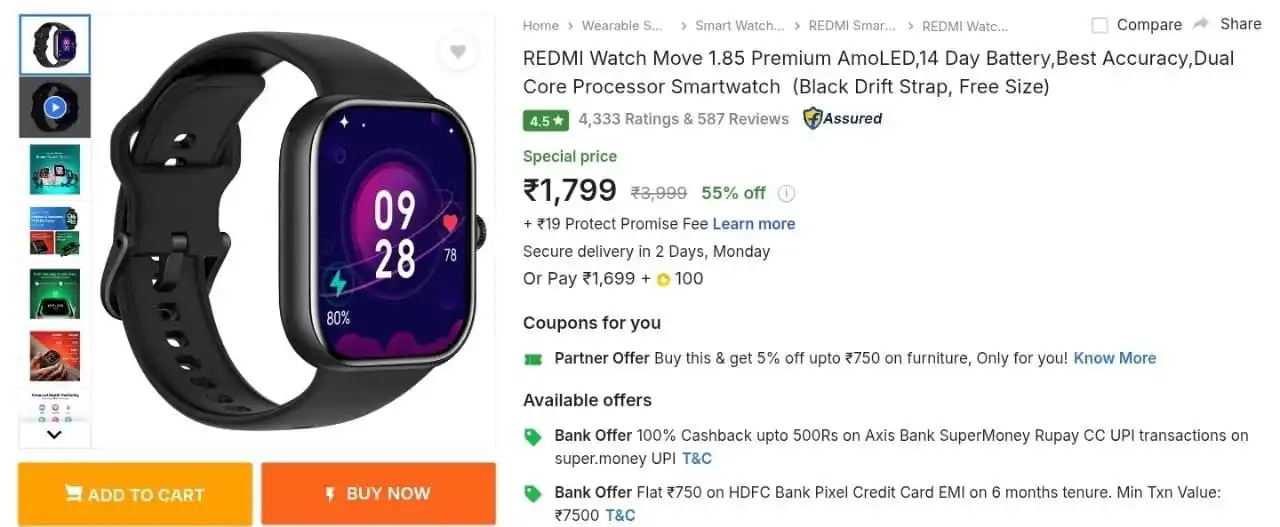 Image from WhyPayFull.in - Viral Shorts: 🔥Lowest : Redmi Move Premium AMOLED Smartwatch at ₹1799 👉https://fk...