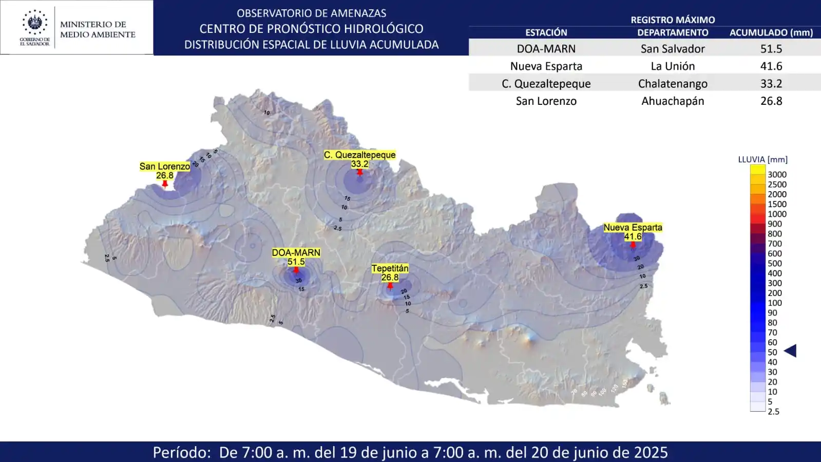Image from Ministerio de Medio Ambiente El Salvador: Mapa de distribución espacial de lluvia registrada desde las 7:00 a. m...