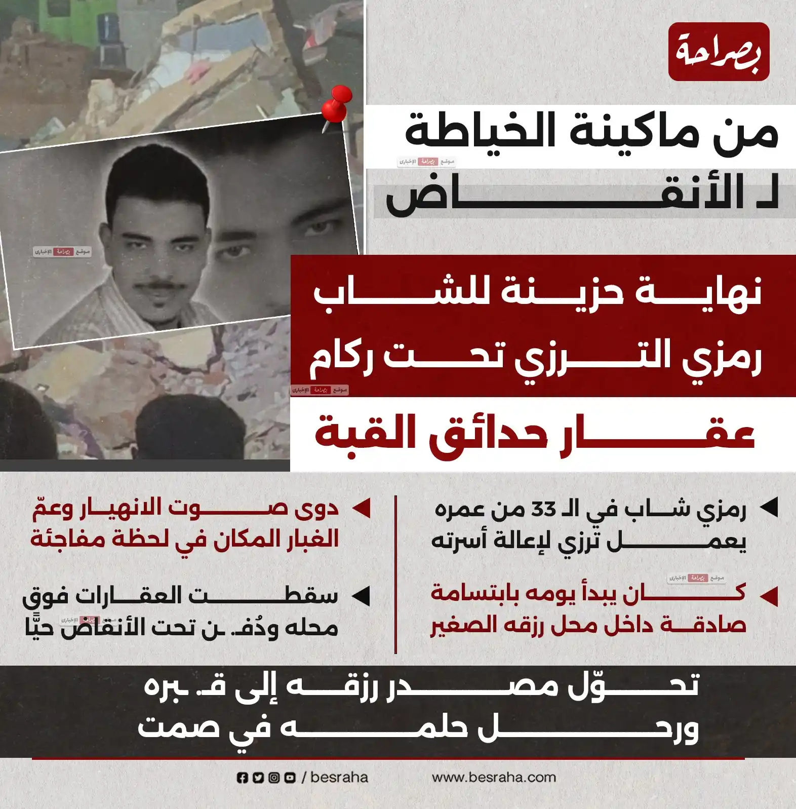 Image from موقع بصراحة: 🔴من ماكينة الخياطة لـ الأنقاض.. نهاية حزينة للشاب رمزي الترزي تحت رك...