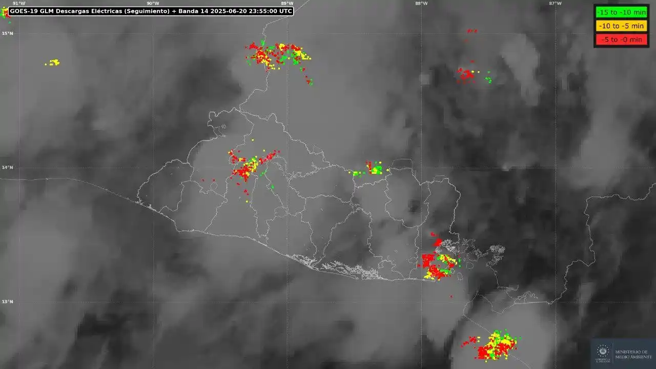 Image from Ministerio de Medio Ambiente El Salvador: Pronóstico para la noche Válido de 6:00 p.m. de 2025/06/20 a 12:00 a.m...