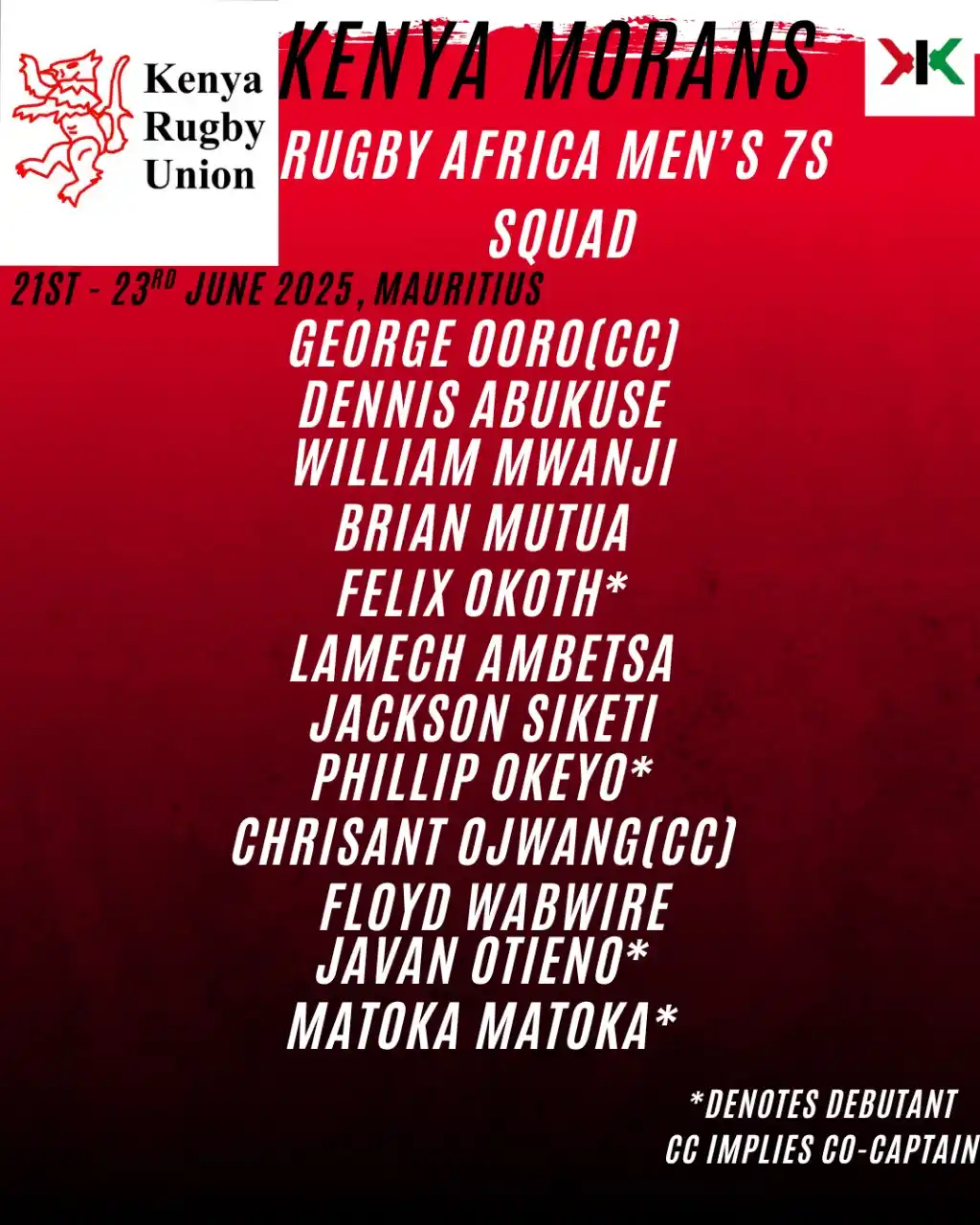 Image from XIX SPORTS: The Kenya Morans Travelling 12, for the Rugby Africa Men's 7s tourname...