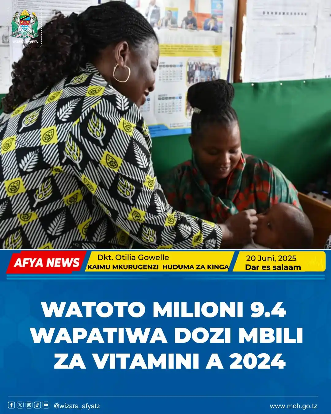 Image from Wizara ya Afya Tanzania: WATOTO MILIONI 9.4 WAPATIWA DOZI MBILI ZA VITAMINI A 2024.
 
 Na. WAF,...