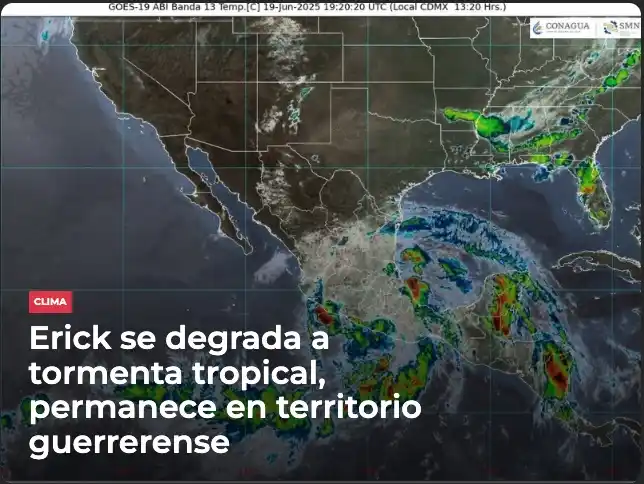 Image from Meganoticias: 🌧☔️🌊🌀 A las 15:00 horas, Erick se ubicó en tierra sobre Guerrero, c...