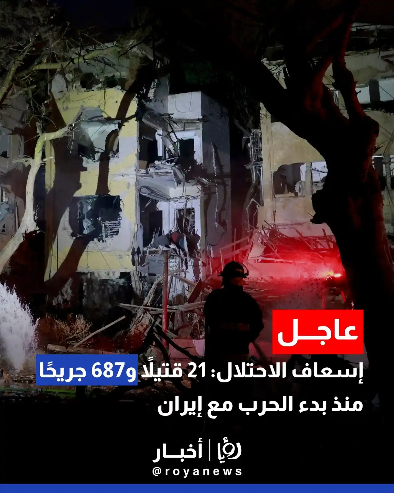Image from Roya Palestine - رؤيا فلسطين: إسعاف "إسرائيل": 21 قتيلاً و687 جريحًا منذ بدء الحرب مع إيران https://...