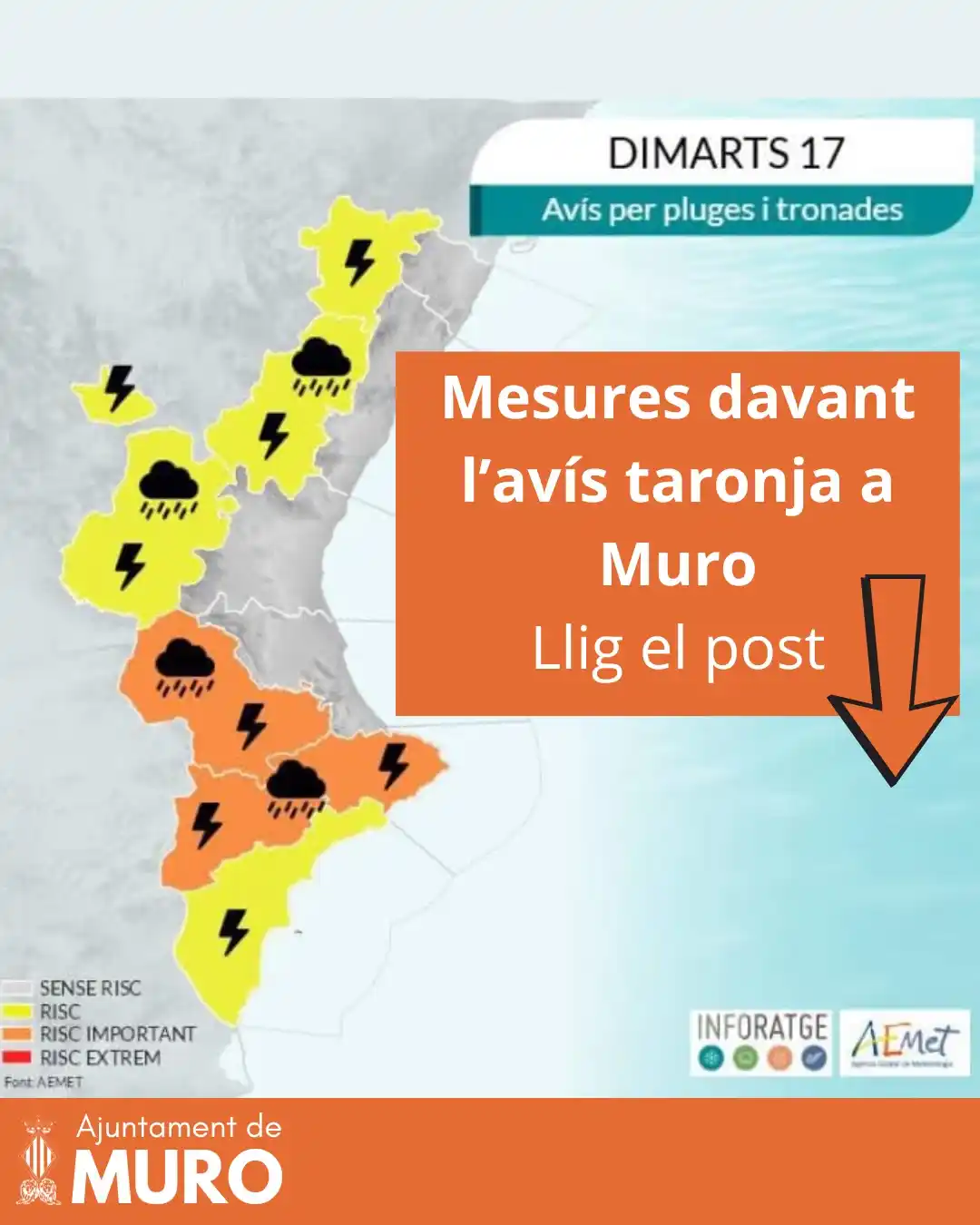 Image from Ajuntament de Muro: ⚠️ AVÍS TARONJA A MURO ⚠️ Data: 17/06/2025 – episodi de pluges intense...
