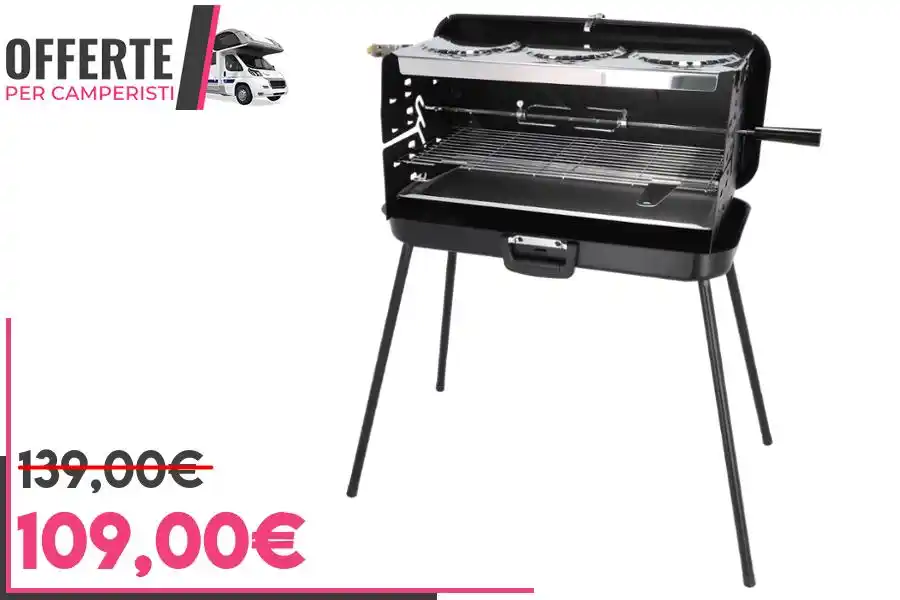 Image from OFFERTE per CAMPERISTI: *Barbecue portatile a gas Berger a 3 fuochi con griglia e girarrosto* ...