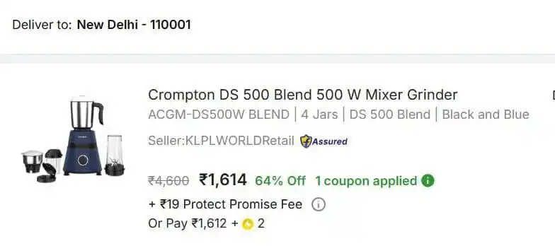 Image from Master Deals: Crompton 500 W Mixer Grinder, 4 Jars at ₹1614. https://fkrt.co/rxijsq...