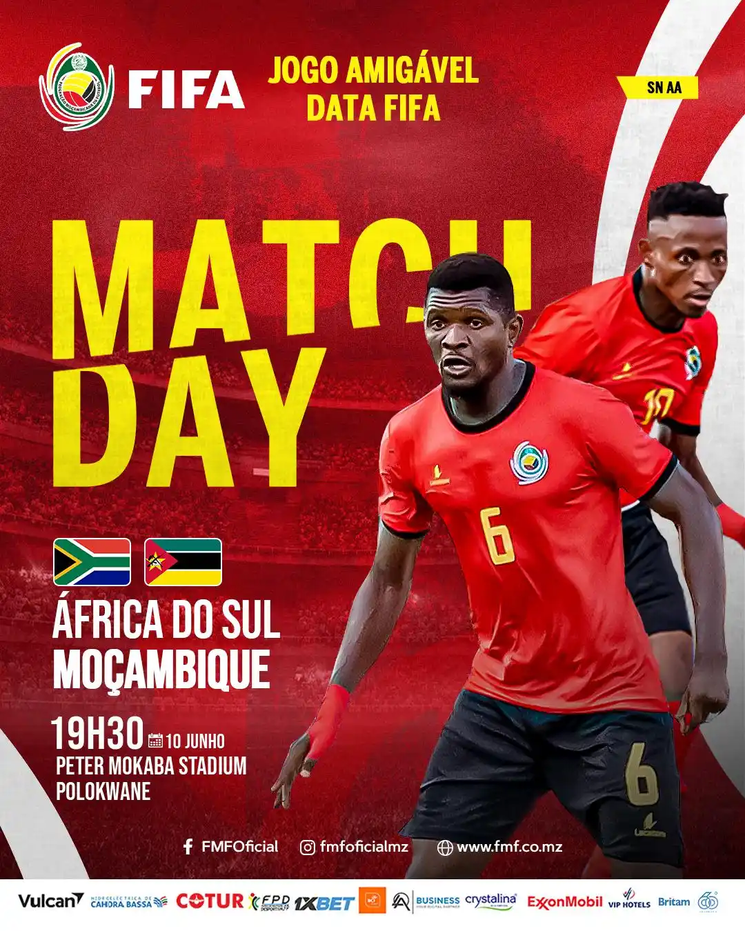 Image from FEDERAÇÃO MOÇAMBICANA DE FUTEBOL (Oficial) : *JOGO AMIGÁVEL DATA FIFA*  *MATCH DAY*  África do Sul 🇿🇦 🆚 🇲🇿 Moç...