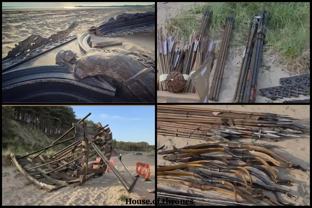 Image from ☀︎︎ 𝐇𝐨𝐮𝐬𝐞 𝐎𝐟 𝐓𝐡𝐫𝐨𝐧𝐞𝐬 ☀︎︎: 🪷— Lanzas, arcos, flechas y objetos de naufragio en el set de la terc...