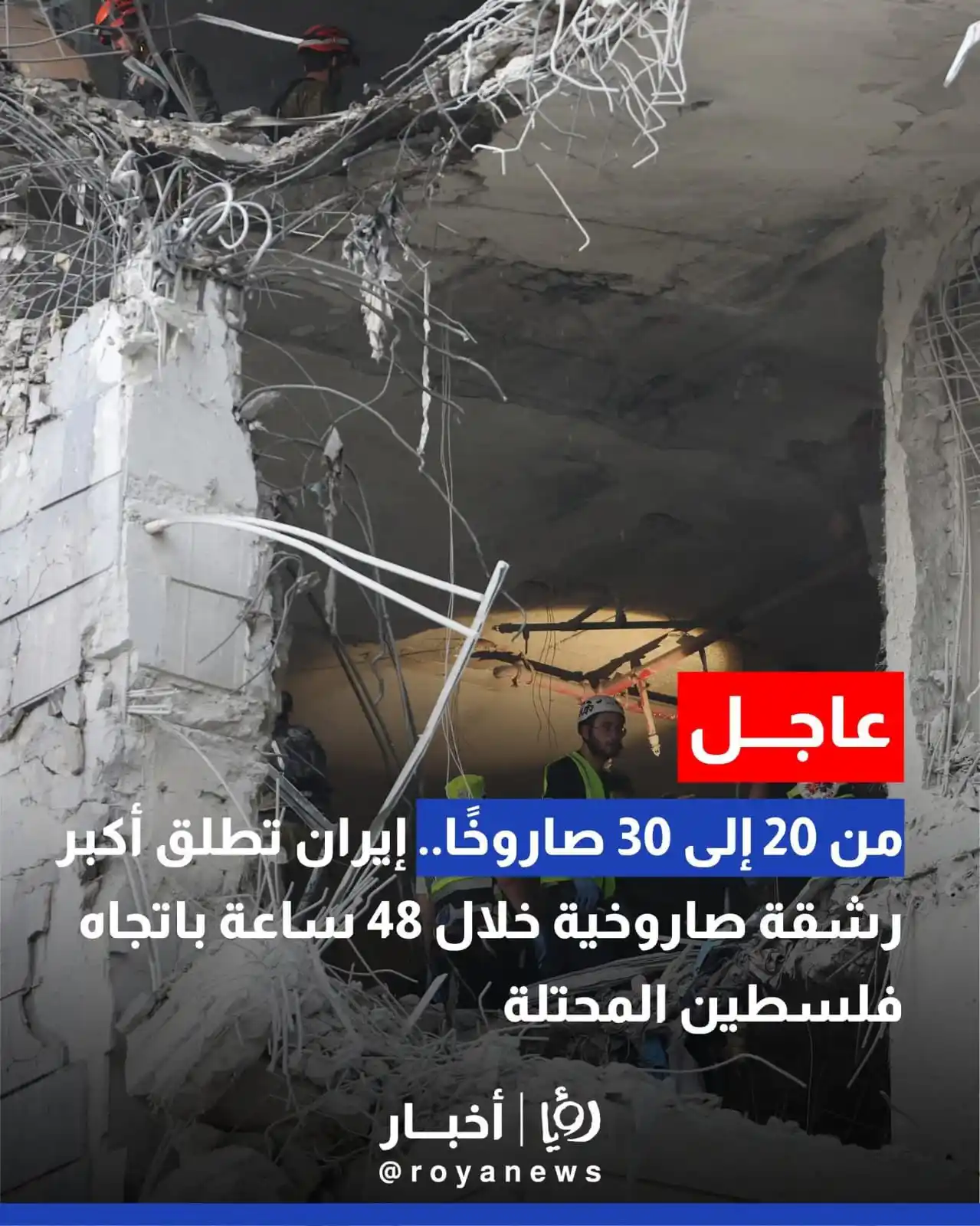 Image from Roya Palestine - رؤيا فلسطين: من 20 إلى 30 صاروخًا.. إيران تطلق أكبر رشقة صاروخية خلال 48 ساعة <a cl...